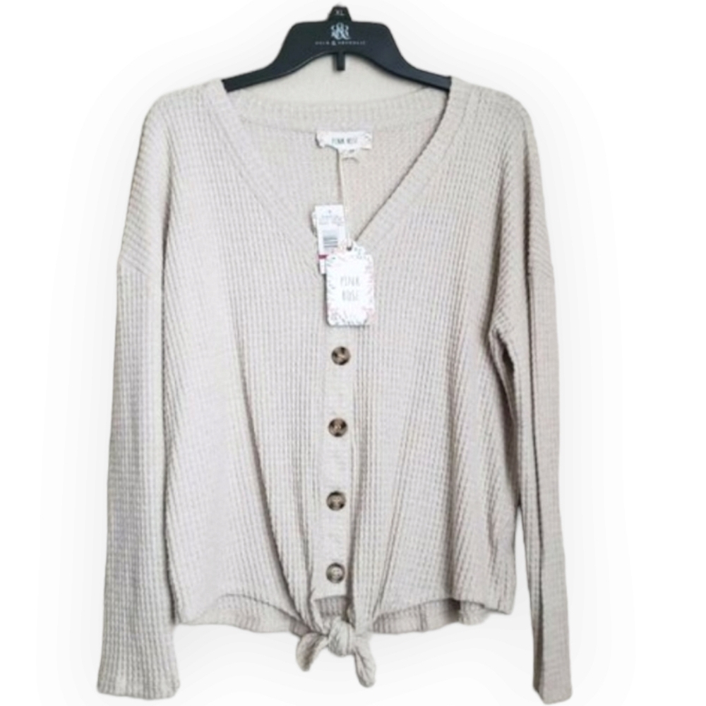 NWT Pink Rose Women's Cardigan V-Neck Waffle Knit Long Sleeves Tie Knot XL